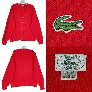 Vintage Izod Lacoste Sweater Mens Large Wool Button Up Cardigan Alligator Red